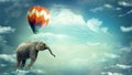 Huge Elephant floating or flying with air balloon with sky and clouds background. Fantastic surreal fantasy illustration. Freedom