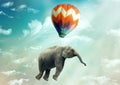 Huge Elephant floating or flying with air balloon with sky and clouds background. Fantastic surreal fantasy phantasmagoric. Dream