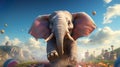 Huge Elephant floating or flying with air balloon with sky and clouds background. Generative Ai