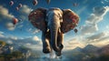 Huge Elephant floating or flying with air balloon with sky and clouds background. Generative Ai