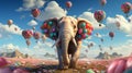 Huge Elephant floating or flying with air balloon with sky and clouds background. Generative Ai