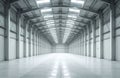 Huge empty warehouse interior with bright light from ceiling windows. Modern industrial hall with metal structure, columns, Royalty Free Stock Photo