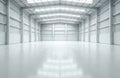 Huge empty white industrial building interior. Modern clean warehouse space with high ceiling and concrete floor. Vast interior Royalty Free Stock Photo