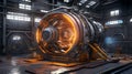 Huge Energy Generator Prototype with Orange glow looks like a reactor inside a technical storage building - AI Generated