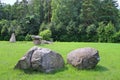 Huge erratic boulders in the megalith park. Big stones lie in the green grass. There are green trees around. Silvarium, a forest p Royalty Free Stock Photo