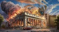 Huge Explosion with lots of fire and smoke blasting an official Building with columns into a City with some other buildings - AI