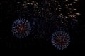Huge explosions of purple, blue and red fireworks in the night sky. Beautiful fireworks against the dark sky. copy space, big Royalty Free Stock Photo