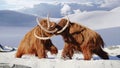 Woolly mammoth bulls fighting, prehistoric ice age mammals in snow frozen landscape