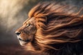 Huge fangs of lion, isolated on black background. King of beasts, biggest cat of the world.