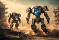 Huge fantastic walking combative robots in a military battle in a destroyed city