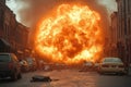 Huge fireball explosion centers urban street scene. Buildings, cars damaged. Dramatic destruction shown. Urban disaster scenario.