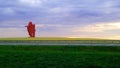 A huge flat red statue of a bison - a symbol of Belarus - stands near the road