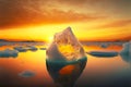 huge floating icebag with large melted cavity and beaful sunset on calm sea