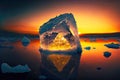 huge floating icebag with large melted cavity and beaful sunset on calm sea