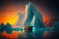 huge floating iceberg near mountain shore against background of sunset and ship aroaching it