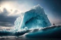 huge floating icebergs break off from rocky ledge under influence of wind and solar heat