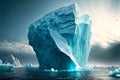 huge floating icebergs break off from rocky ledge under influence of wind and solar heat