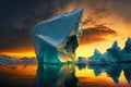 huge floating icebergs on quiet sunset evening