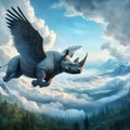 A huge flying rhino with bird wings as ai