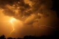 Huge fork lightnings and thunder during heavy summer storm. Royalty Free Stock Photo