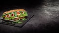 Huge fresh crispy baguette sandwich with meat, prosciutto, cheese, lettuce salad and vegetables Royalty Free Stock Photo