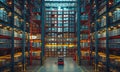 Huge fulfillment center of giant fulfillment center of e-commerce company with hundreds thousands of goods stored on Storage Racks