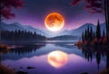 Huge full moon over purple lake Fantastic landscape Royalty Free Stock Photo