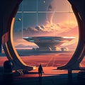 Huge futuristic spaceport on some planet. AI creative illustration