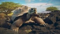 Huge galapagos turtle close up view from land level, AI Generated