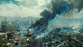 A huge garbage fire billows out smoke against the backdrop of an urban area