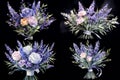 a set of four bouquets of wildflowers on a black background, an isolated background, fabric