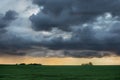 A huge, gloomy, frightening, mesmerizing thundercloud over the field, under the golden setting sun. Dawn. dramatic dark sky over