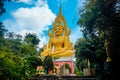 A huge golden Buddha statue on the territory of the temple in Phatthalung in Thailand