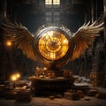 Huge golden snitch, magic clock with wings at fantastic library in old gothic cathedral interior. Generative AI. concept of