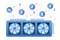 Huge graphic card attracts bitcoins. Mining Cryptocurrency. Bitcoin mining farm, concept banner. Distributed computing