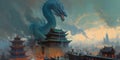 A huge green dragon hovered over the ancient eastern city gate