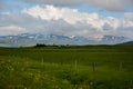 Huge green empty field with view to mountain and houses Royalty Free Stock Photo