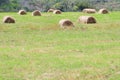 Huge green field with hay bales Royalty Free Stock Photo