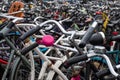 Huge group of bike handlebars in central Amsterdam bike park Royalty Free Stock Photo