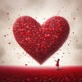 Huge heart in the sky, woman walking on a road covered with red hearts, love and passion, self esteem, mental health care concept Royalty Free Stock Photo