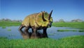 Triceratops horridus dinosaur from the Jurassic era eating water plants