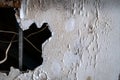 A huge hole of ceiling panels was damages from rainwater leakage in the abandoned house. Ceiling floor swelling and have fungi.