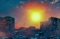 A huge hot sunset sun in a cloudy sky over the multi-storey buildings of the ruined city. Generative, Generative AI, AI