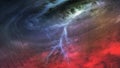 Huge hurricane from the inside. Clouds with hurricane eye and lightning bolt and rain above the red earth. Royalty Free Stock Photo