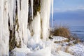 Huge icicles hanging from the rocks  frozen waterfall with views of the sea Royalty Free Stock Photo