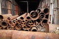 Huge industrial rusted iron metal tubes pipes