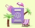 Huge international passport with globe on cover, palm trees, suitcase, beach umbrella, folding chair Royalty Free Stock Photo
