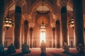 Huge Islamic architecture illustration with pious people praying inside. Rear view of Muslims praying inside a huge mosque. Royalty Free Stock Photo