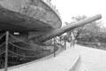 Huge Krupp cannon in ancient fort, black and white image