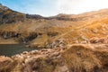 Huge lake in the mountains with a little house on the dock. Nice blue sky with some clouds. Shot in Romania, Transfagarasan